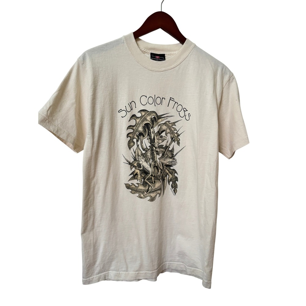 Vintage 1998 Del Sol Sun Color Frogs Graphic T-Shirt Cream Mens Medium